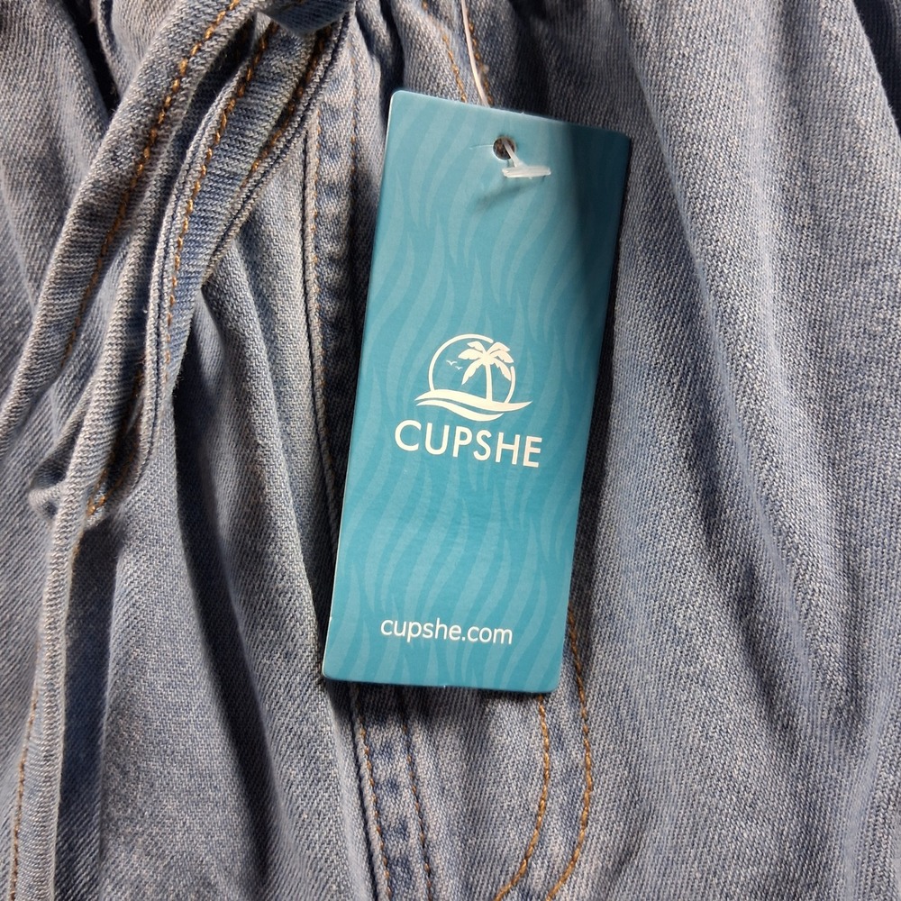 NWT Cupshe Wide Leg Pants Womens Small Light Blue Denim Drawstring Elastic Waist - Picture 4 of 8